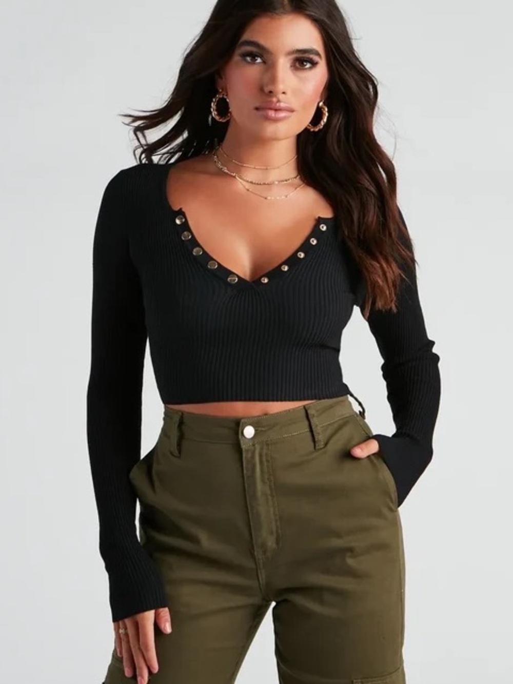 Windsor Black Ribbed Long-Sleeve Cropped Top with Gold Buttons